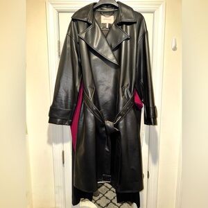NEW! BCBGeneration Black Long Faux Leather Belted Trench Coat XL NWOT GORGEOUS!
